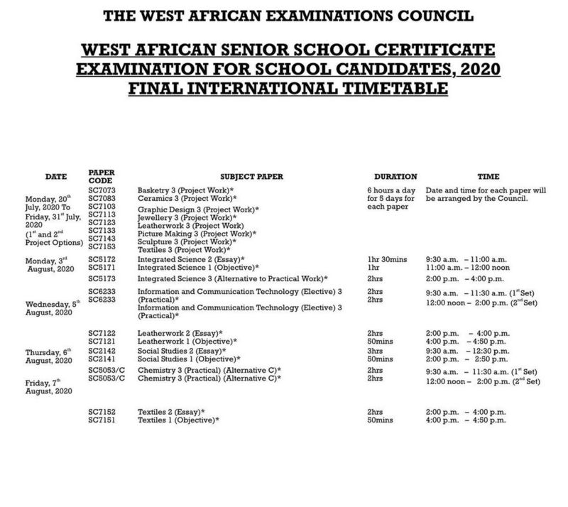 2020 WAEC timetable