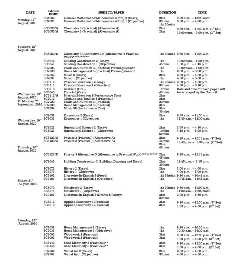 2020 WAEC timetable